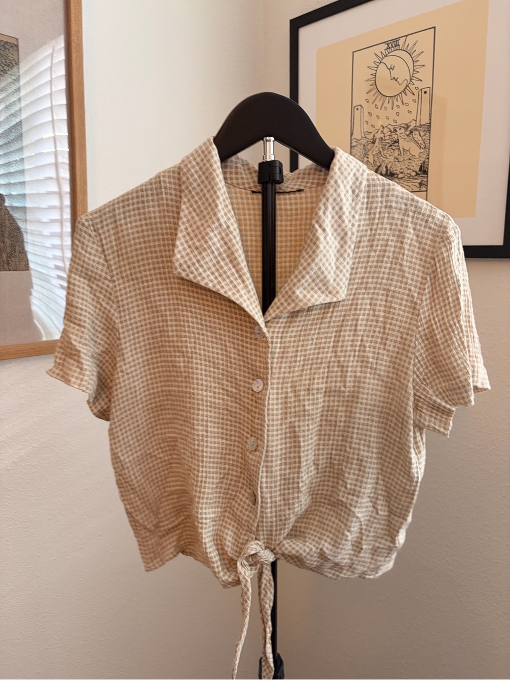 90s Tie-Front Short Sleeve Button-Up Top in Gingham
